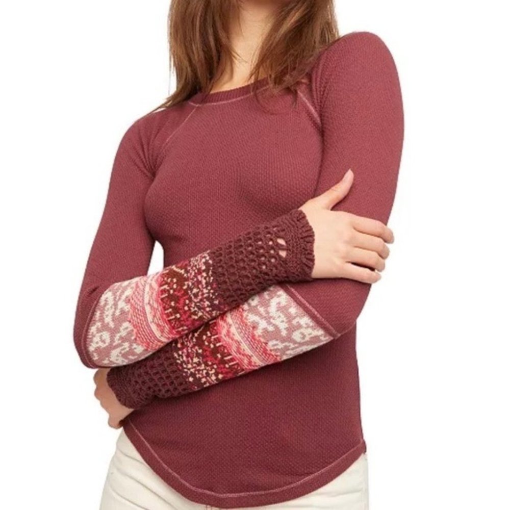 Free People Mauve Waffle-Knit Long Sleeve Top with Patterned Cuffs